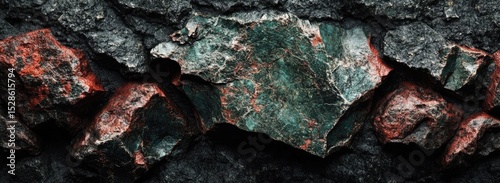 Close-up of textured rocks, displaying a mix of dark, grey, and reddish-brown hues, with a central piece exhibiting a veined, green-and-red pattern