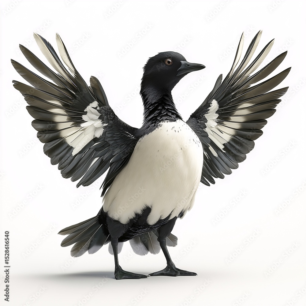 Obraz premium Whimsical Black and White Stylized Bird Cartoon. Playful Animated Character with Spread Feathers in Expressive Pose. Imaginative Wildlife Art & Nature Illustration