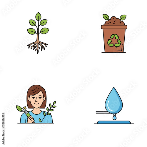 Sustainable Agriculture Vector Icons – Organic Farming, Composting, Irrigation