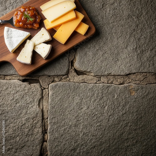 Gourmet cheese platter featuring brie, cheddar, and chutney on a wood board, presented on a rustic stone surface
