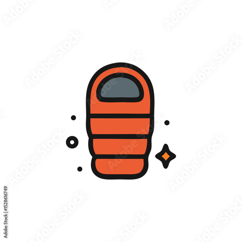Illustration of a bright orange sleeping bag, with a dark gray hood and black outline, next to small sparkles.
