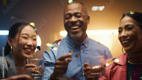Diverse Friends Toasting with Whiskey as Confetti Falls in a Festive Celebration