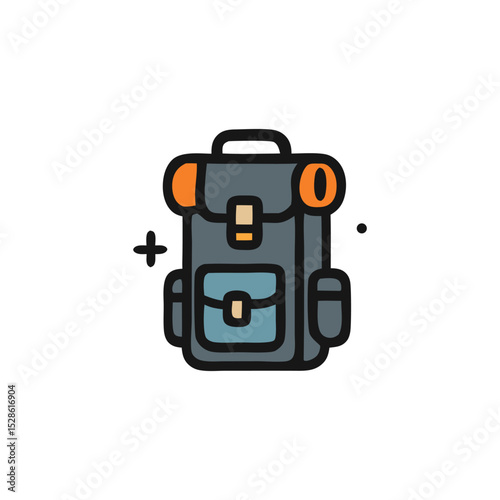 Illustration of a backpack with orange accents, pockets, and a handle, isolated on a white background.