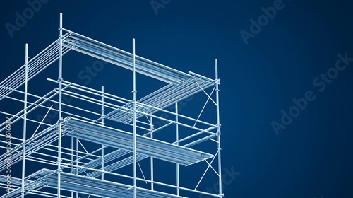 A detailed 3D blueprint of a modular scaffold structure with dynamic lines showing assembly stages, plank placement, guardrail installation, and toe-board fitting sequence