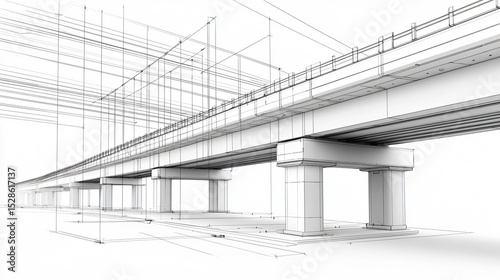 A high-detail composite of bridge girder assembly blueprint and dynamic pencil overlay showing stressing of pre-tensioned cables and girder lowering sequence