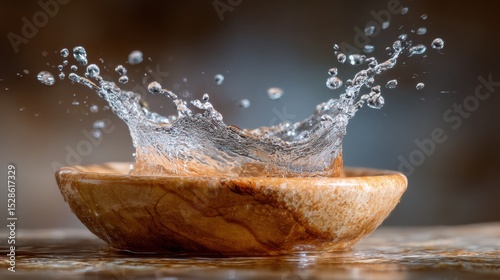 A splash of water bursts from a wooden bowl, captured in sharp detail with a warm, natural background.