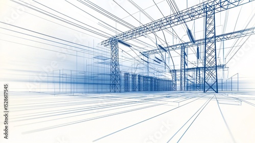 A site layout blueprint for a power substation with dynamic pen sketches showing installation of steel lattice towers and conductor stringing across insulators