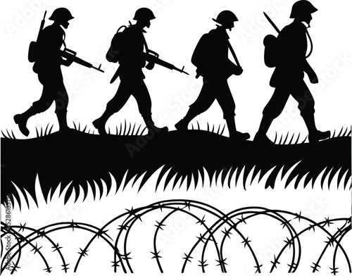 Silhouette of three soldiers marching past barbed wire