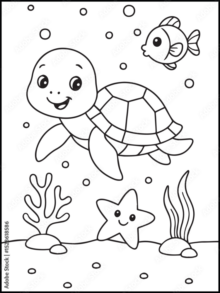 Fototapeta Cute Sea Turtle Coloring Page for Kids – Printable Black and White Underwater Line Art with Fish, Starfish, and Ocean Scene
