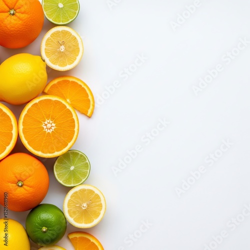 Vibrant flat lay of assorted citrus fruits, whole and sliced, creating a fresh and healthy frame on a white background
