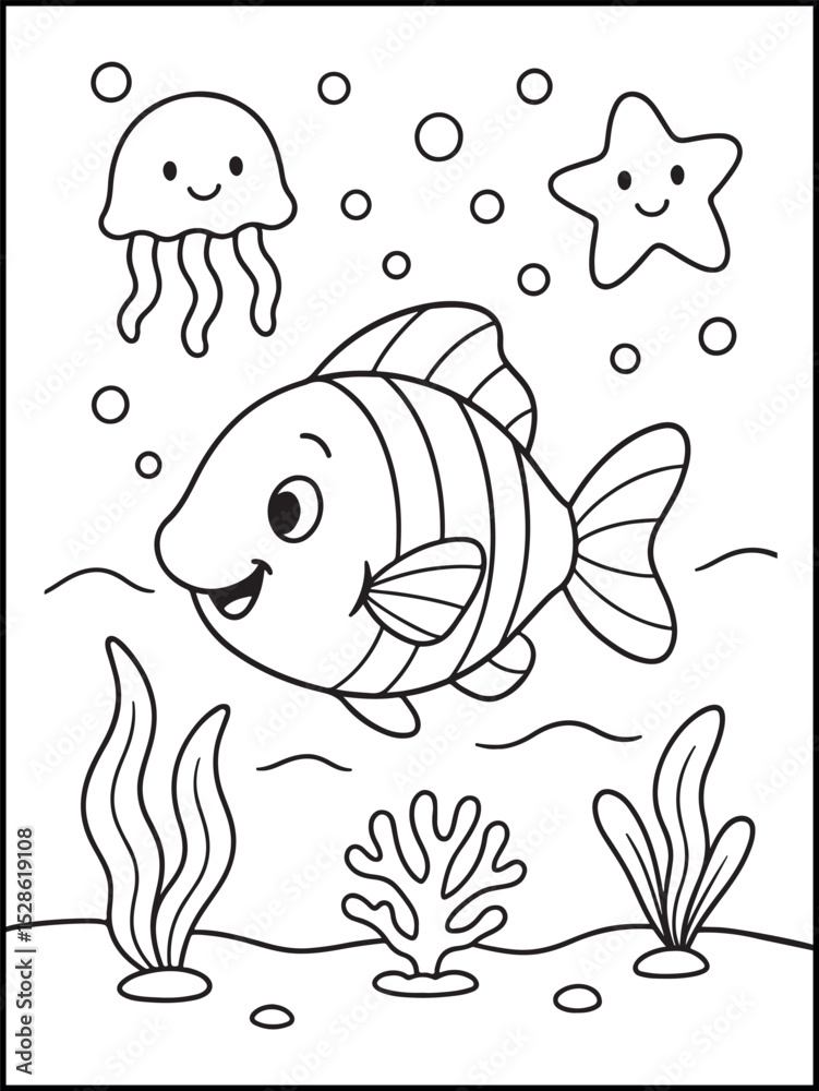 Fototapeta premium Cute Sea Turtle Coloring Page for Kids – Printable Black and White Underwater Line Art with Fish, Starfish, and Ocean Scene 