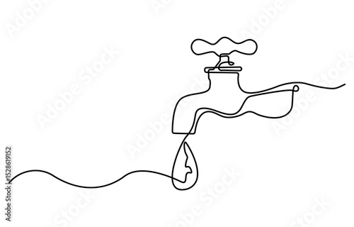 Continuous one line drawing of water faucet. One line drawing illustration of tap water. International handwashing day concept line art. Editable outline, Water tap with flowing water in one line art.