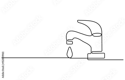 Continuous one line drawing of water faucet. One line drawing illustration of tap water. International handwashing day concept line art. Editable outline, Water tap with flowing water in one line art.