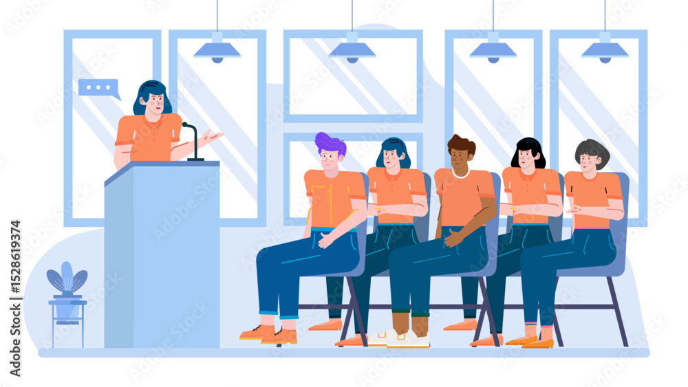 Obraz premium Woman presenting to a group of people in chairs. Suitable for business presentations, team meetings, seminars, management training materials.