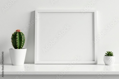 White desk, picture frame mockup, cactus, clean background, image, home decor
