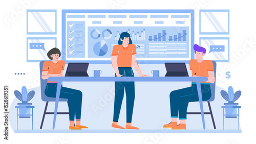 Business meeting with three people discussing strategy and collaboration. Suitable for business presentations, teamwork concepts, corporate communication materials.