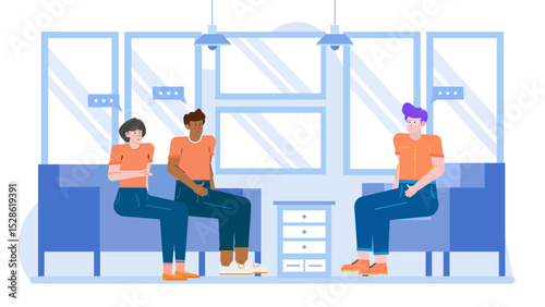 Three people in a meeting room sitting on chairs discussing business ideas. Suitable for corporate presentations, teamwork concepts, and office environments.