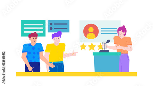 Three people presenting and discussing a fivestar review, suitable for business presentations, marketing materials, and customer testimonial designs.
