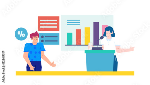 Presentation features bar chart and two individuals. Ideal for business meetings, financial reports, educational presentations, conferences, data analysis discussions.