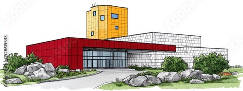 Modern Architectural Illustration Red Building Yellow Tower Gray Stone Accents