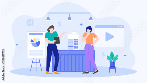 Two businesswomen analyzing a chart during a meeting. Suitable for business presentations, financial reports, teamwork concepts, and professional settings.