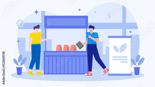 Two men at a booth with products. Ideal for showcasing small businesses, trade shows, entrepreneur events, or market themed designs.