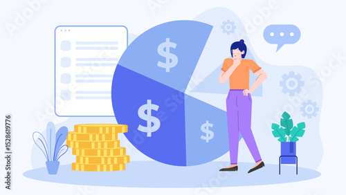 Woman with pie chart, dollar signs, gold coins, and a plant. Financial growth concept suitable for business presentations and marketing materials.
