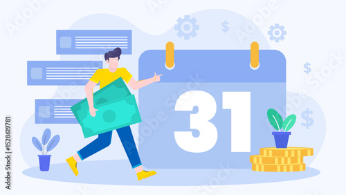 Busy businessman rushing towards deadline with money in hand, reaching for calendar on last day of month. Perfect for financial planning concepts.