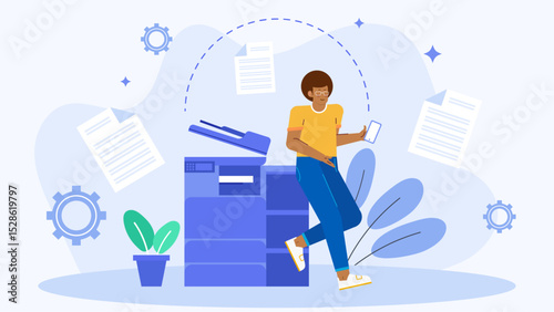 Man using phone by copier; office, technology, communication concept; business communication, copying documents, office workflow, employee multitasking, technology use.