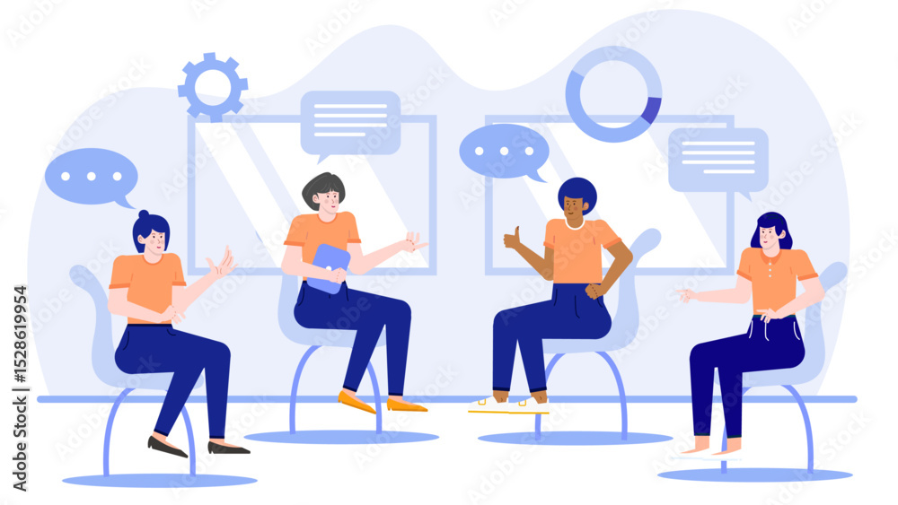 Obraz premium Four people sitting and talking in chairs, suitable for business meetings, teamwork discussions, office presentations, or casual group conversations.