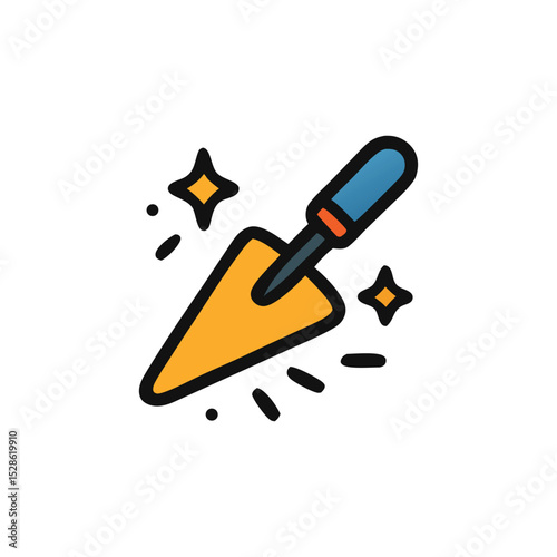 A colorful, illustrated trowel with a blue handle, sparkling around.