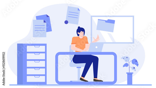 Woman working at a desk with laptop and plant. Suitable for remote work, office, freelance, and technology related concepts.
