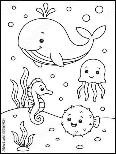 Cute Sea Turtle Coloring Page for Kids – Printable Black and White Underwater Line Art with Fish, Starfish, and Ocean Scene
