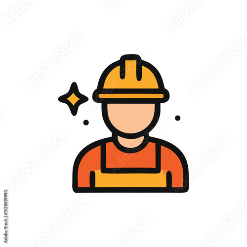 Cartoon illustration of a construction worker wearing a hard hat and overalls, with sparkles.