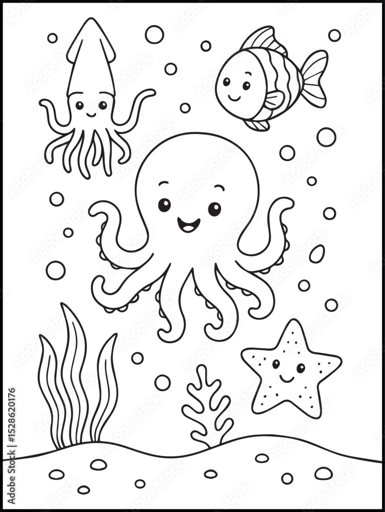 Fototapeta premium Cute Sea Turtle Coloring Page for Kids – Printable Black and White Underwater Line Art with Fish, Starfish, and Ocean Scene 