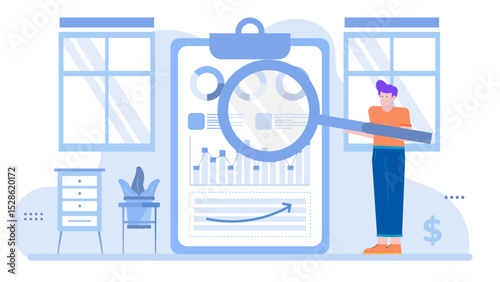 Man using magnifying glass on clipboard data. Suitable for research, analysis, investigation, detective, examining, checking, data analysis concepts.