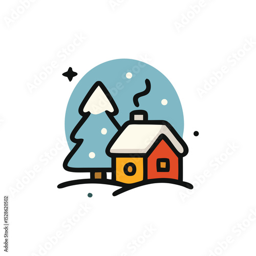 A simple, stylized illustration of a cozy winter cabin nestled beside a snow-covered evergreen tree.