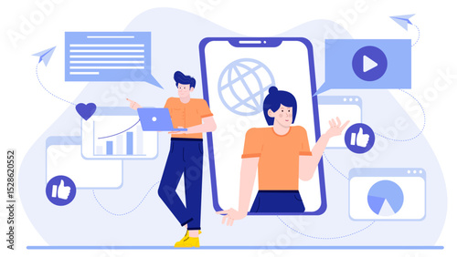 Man and woman multitasking by using devices together, perfect for illustrating communication, technology, collaboration, and remote work concepts.