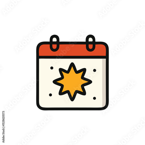 A calendar icon with a star symbol on the page, featuring red and black outlines.