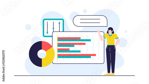 Woman pointing at a bar chart and pie chart, perfect for presentations, business reports, financial analysis, and data visualization concepts.