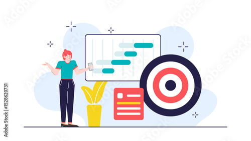Female pointing at Gantt chart and target, indicating goal setting, project management, business strategy, task prioritization, and team collaboration concepts.