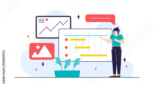 Woman presenting project plan and graph. Suitable for business presentations, reports, infographics, financial analysis, and project management concepts.