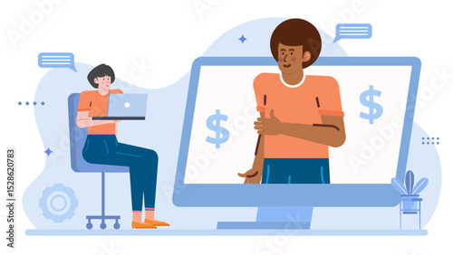Title Woman video chatting with a man on laptop. Suitable for technology, online communication, virtual meeting concepts. Business meetings, webinar visuals.