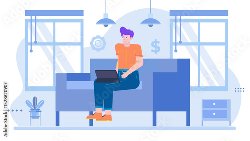 Man with purple hair sitting on a couch using a laptop. Suitable for technology blogs, modern lifestyle articles, and social media posts.
