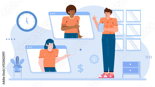 Three people on a video call, one standing. Suitable for remote work, team communication, virtual meetings, web conferencing concept.