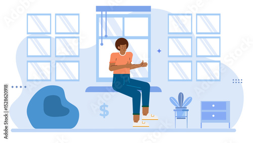 Person on windowsill in blue room, suitable for lifestyle blogs, home decor articles, or social media posts on relaxation.