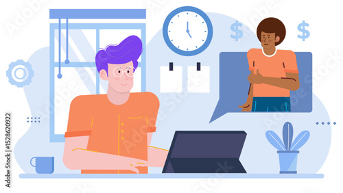 Man with purple hair using a laptop to video chat; tech, communication, virtual meeting, online conversation, video call concepts.