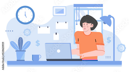 Woman working on laptop, suitable for business, technology, remote work, education, communication, online projects, creativity, entrepreneurship, and digital nomad concepts.