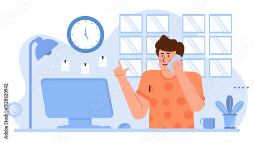 Man talking on the phone at his desk, suitable for business presentations, communication concepts, remote working, technology blogs, and websites.