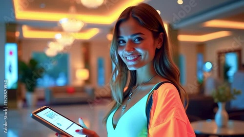 Young woman smiling while holding a tablet in a stylish hotel lobby with elegant decor and lighting